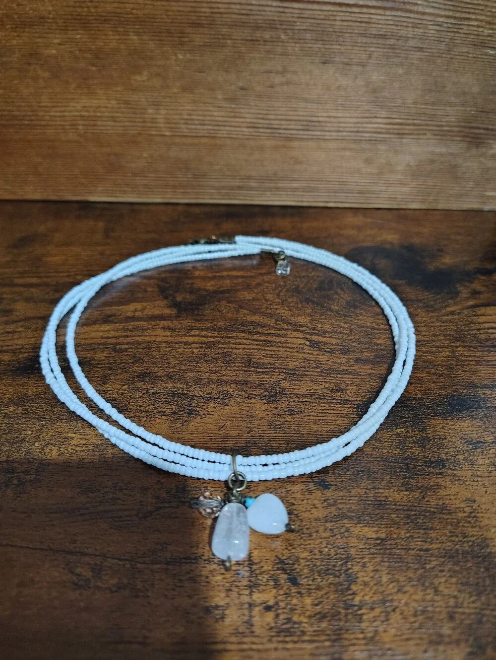White Beaded Triple Strand Necklace With Charm Pendant,  Handmade Necklace